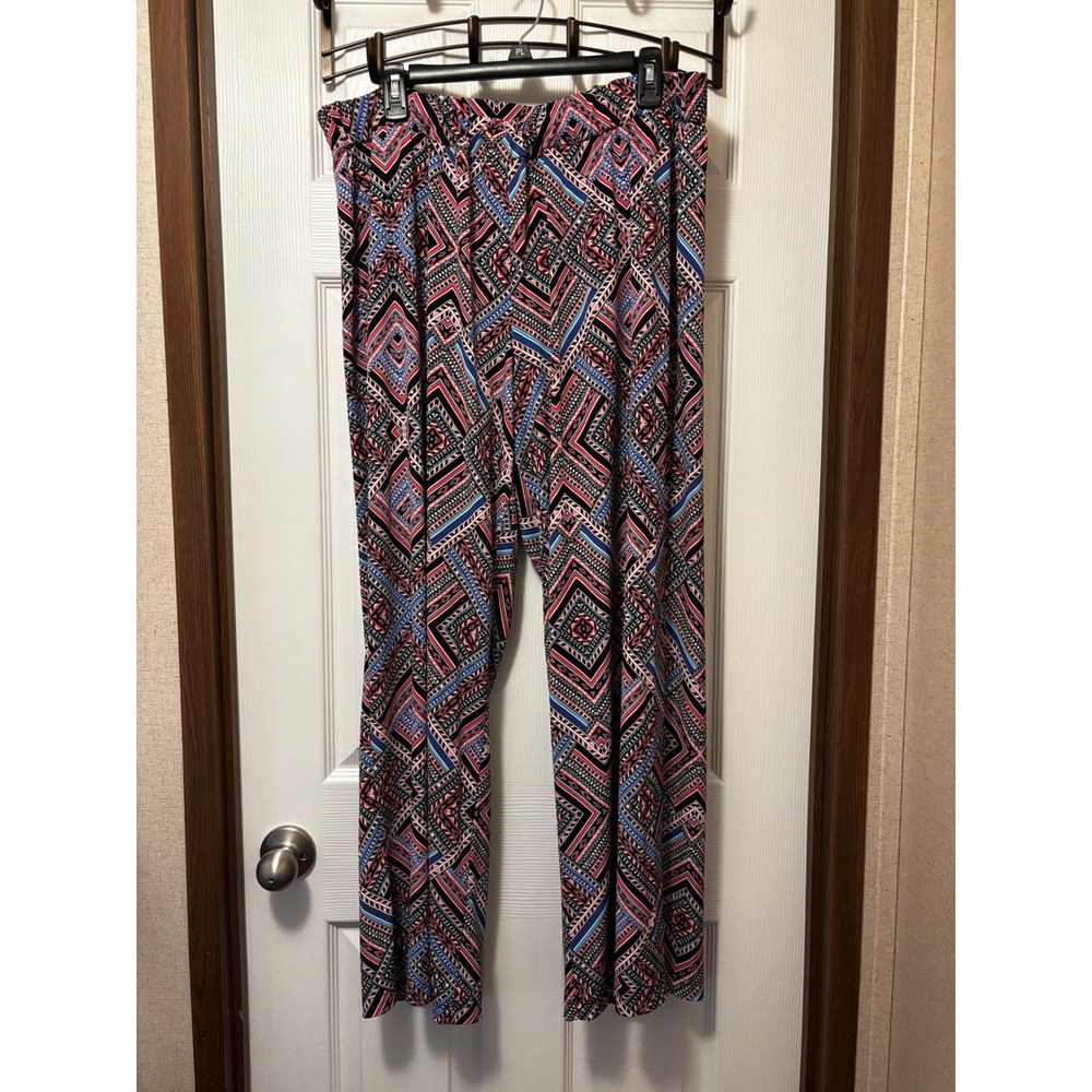 New Directions Woman Palazzo Pants 3X Geometric Tribal Print Wide Leg Blue Pink